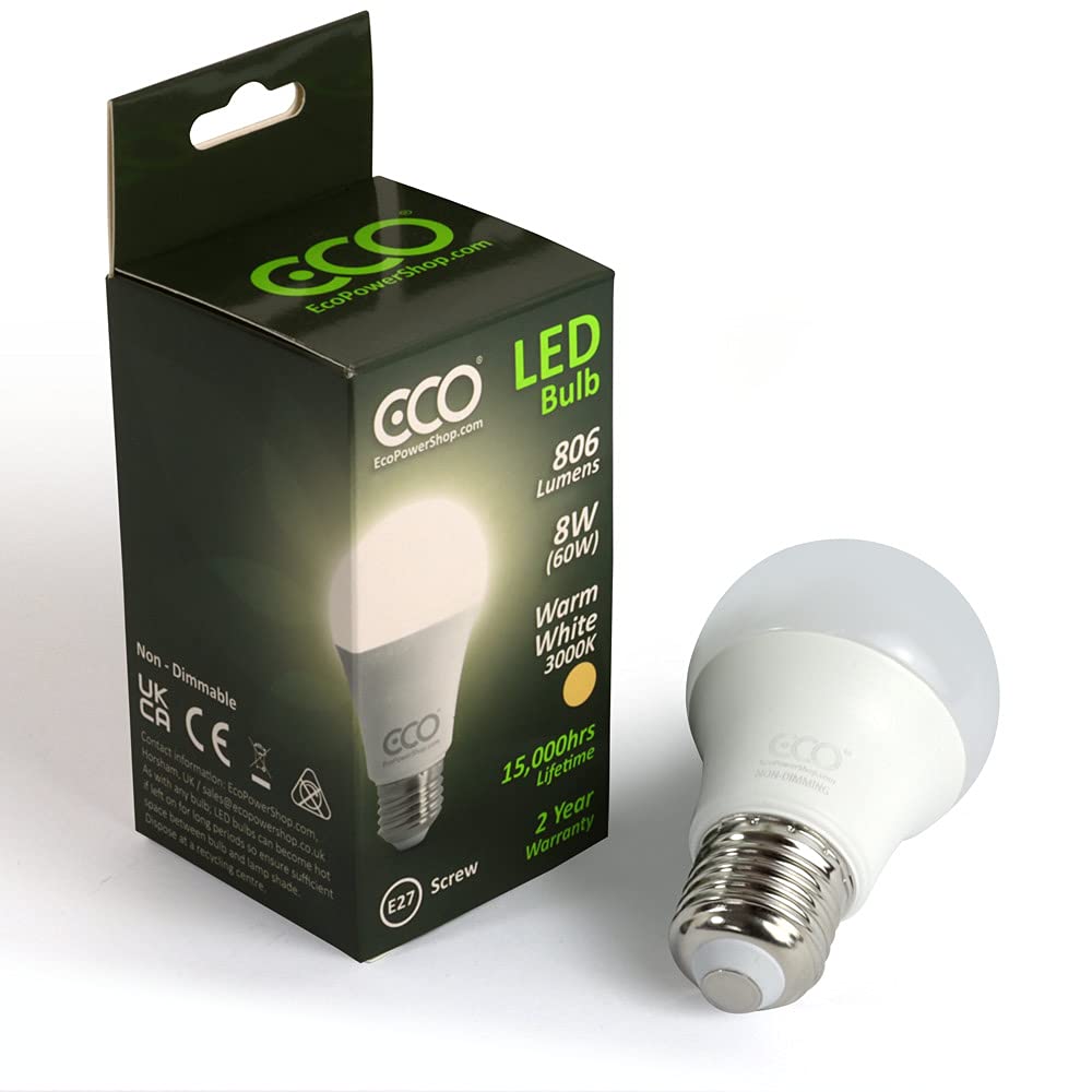 ECO 60W E27 Edison Screw Energy Saving LED Light Bulb, Low Energy 8W LED, 806 Lumens, Warm White 3000K, 15,000Hrs Lifetime. 1x Pack.