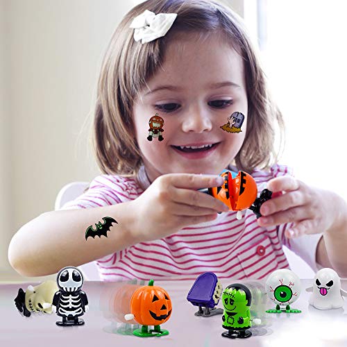 Nice2you 12 Packs Wind Up Toys Assorted Halloween Toys,25 Sheets Temporary Tattoos Skeleton Pumpkin Witch Glow Luminous Stickers for Kids Halloween Party Favors Gifts