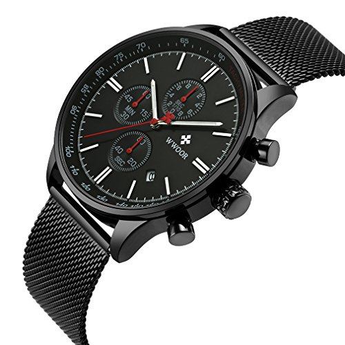Wwoor Men Sport Quartz Wrist Watches 3 Dial 1/10 Second Minute Day Dashboard 6 Hands Stainless Steel Strap Waterproof Watch WR62B (Black) Wwoor Men Sport Quartz Wrist Watches 3 Dial 1/10 Second Minute Day Dashboard 6 Hands Stainless Steel Strap Waterproof Watch WR62B (Black)