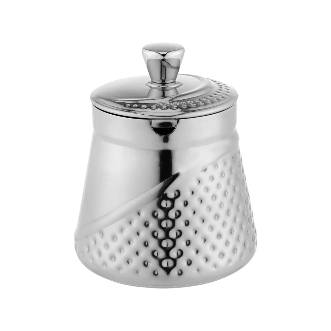 Café Olé AHS-013 Arabica Hammered Sugar Bowl with Lid 18/10 Stainless Steel Mirror Polished Keep Sugar Fresh, Silver