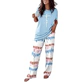 CHICME Womens Pajamas Sets 2 Piece Short Sleeve Lounge Set Printed Loose Pants Pj Sets Loungewear Set