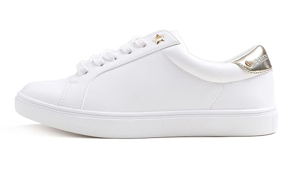 BREEZE NOUTHERLY WOMEN’S FASHION BLING DECO PARTY LIGHTWEIGHT VEGAN LEATHER SNEAKER WHITE LIGHT GOLD TRIM SIZE 7.5 M US