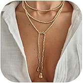 Gold Long Necklace for Women Pearl Y-Shaped Pendant Layered Lariat Simple Dainty Beaded Necklace Boho Jewelry Gifts
