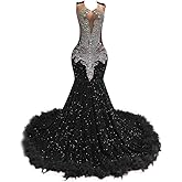 Datangep Luxury Crystal Applique Sequined Mermaid Prom Dress Celebrity Evening Dress Feather Church Train
