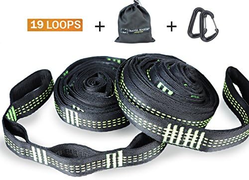 Hammock Straps with 19 Loops Adjustable Hammock Tree Straps with 2 Locking Carabiners High-Strength Polyester Webbing for Camping Hammocks - 2 Straps Combined 2200 Ibs Breaking Strength (Green)