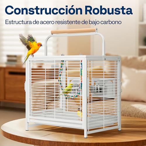 VIVOHOME 48cm Portable Wrought Iron Bird Cage with 2 Feeders, Colorful Rope Perch and Removable Tray, for Parrots, Conures, Parrots, Cockatiels, Budgies, White