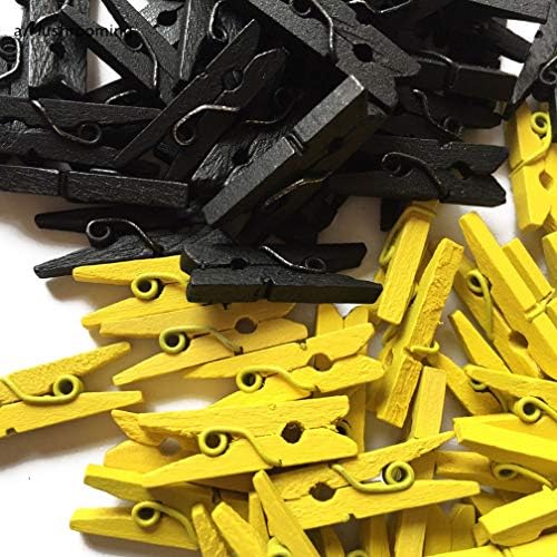 60 Ct Black Yellow 1.35" Miniature Wooden Peg Craft Clips Photo Paper Clothesepins for Scrapbooking Bumble Bee Baby Shower Party Game Wedding Nursery Photo Hanging Decor