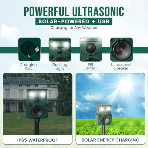 2026 Nuevo Repelente Solar Ultrasónico de Animales para Patio IP65, Repelente de Animales, Repelente Ultrasónico de Gatos al Aire Libre con Sensor de Movimiento, Sensor de Movimiento Para Perros