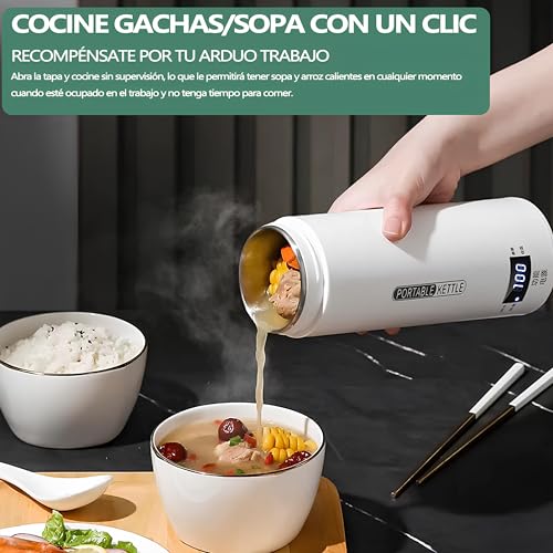 Hervidor de Agua Electrico Portatil,500ML Termo Electrico,Control de Temperatura NTC y Puede Guisar,Adecuado para viajes, oficina, camping, preparación de té y café.