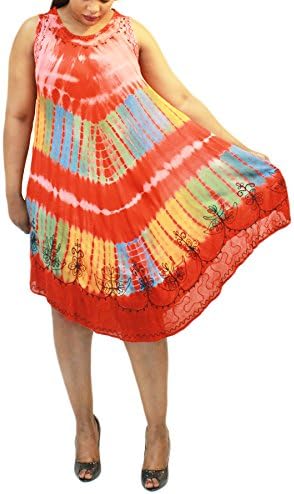 Women's Flowy Tie-Dye Dress Boho - 6 Colors - Gypsy Style (Red)