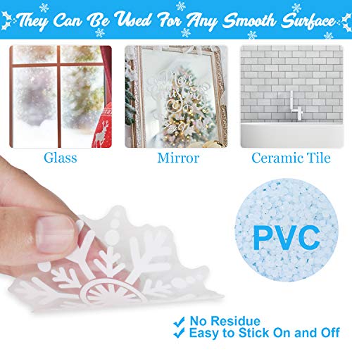 300 PCS 8 Sheet Christmas Snowflake Window Clings Stickers, Xmas Decals Decorations Snowflake Santa Claus Reindeer Decals for Glass Window Door Holiday Party Supplies