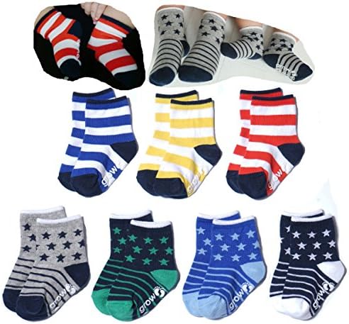 Baby Toddler Kids Boys 7Pair Stripe &amp; Stars Cotton Socks with Non Skid(3-12months)