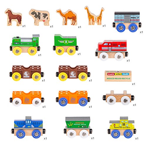 Orbrium Toys 12 Pcs Wooden Engines & Train Cars Collection with Animals, Farm Safari Zoo Wooden Animal Train Cars, Circus Train Car Compatible with Thomas Wooden Railway System, Brio, Chuggington
