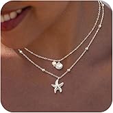 Picuzzy 14K Gold Plated Seashell Starfish Pendant Necklace for Women Trendy, Sea Star Fish Shell Beach Necklace Ocean Coastal Summer Vacation Pearl Jewelry Accessories for Women