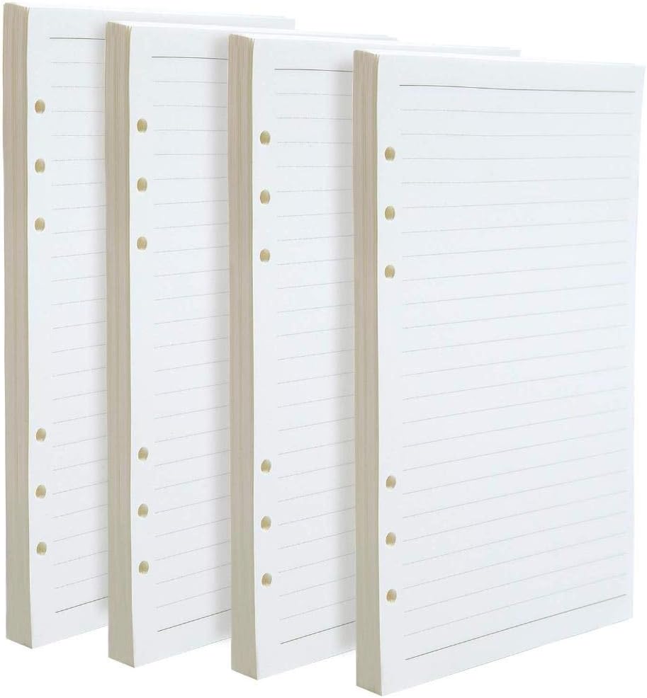 Fghuim 4 Packs A5 Refills Paper 6 Hole 180 Sheets 360 Pages Leather Journal Notebooks Inserts Lined Paper, A5 Loose Leaf Refillable Paper 21 x 14.2 cm
