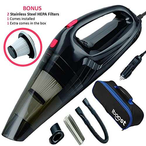 iBoost Handheld Portable Car Vacuum with Accessories, Storage Bag, and 2 Stainless Steel HEPA Filters