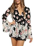 Choies Women's Floral Print Chiffon Flare Sleeve V Neck Black Shorts Playsuit