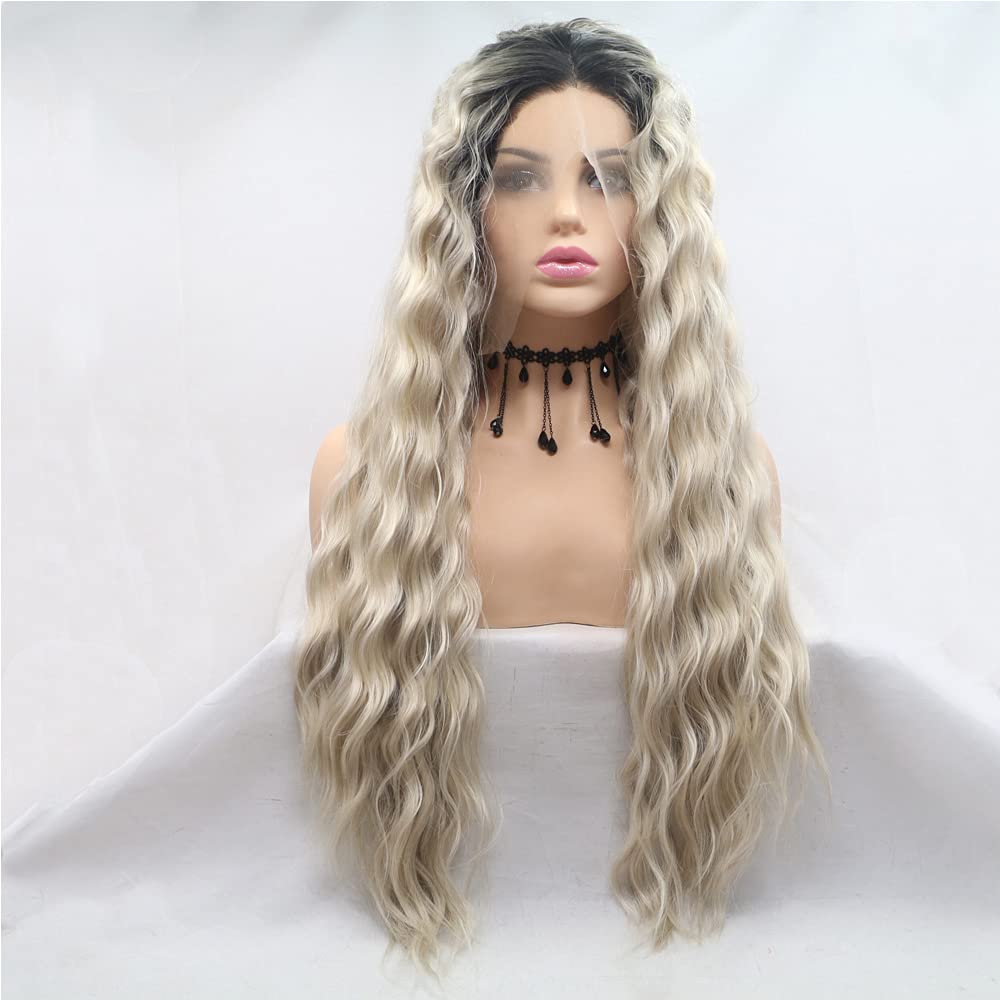 Xiweiya Long Curly Ash Platinum Blonde Wig With Black Root - Synthetic Lace Front Side Part, Soft Wavy Hair Replacement for Women, Drag Queen Makeup - 24 Inch