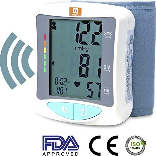 Wrist blood pressure machine FDA approved Large LCD display Fully Digital Voice read out feature Heartbeat detection Two user memory mode 120 readings Portable case large cuff size fits all