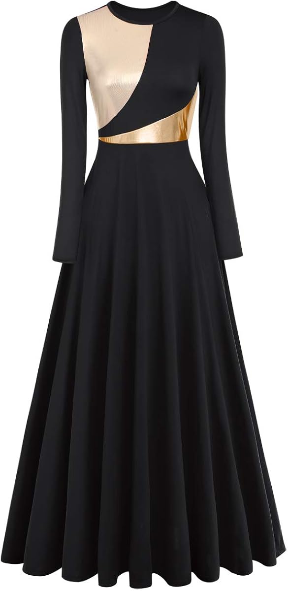 IDOPIP Women Metallic Color Block Praise Full Length Long Sleeve Dance Dress Liturgical Lyrical Dancewear Worship Robe Dress: Clothing