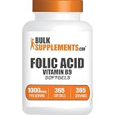 BulkSupplements.com Folic Acid Softgels - Vitamin B9, Folic Acid 1000 mcg, Folate Supplement - Gluten Free, 1 Softgel per Serving, 365 Count (Pack of 1)