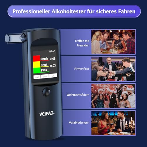 VEIPAO Portable Breathalyzer Certified Alcohol Test: Professional Italian Alcohol Test with 11 Mouthpieces – Breathalyzer with Digital LCD Screen High Accuracy for Personal Use Home Test, Black
