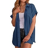 MaQiYa Womens Short Sleeve Button Down Shirts Casual Loose Fit Summer Shirt Blouses Tops with Pockets