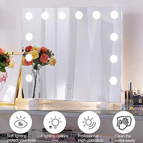 Dimmable Lighted Bathroom Mirror for Wall with 3 Color Changing, Hollywood Vanity Mirror with Lights, Frameless Makeup Mirror for Bathroom Bedroom Vanity, Wall Mounted or Tabletop (19.69" x 16.93")