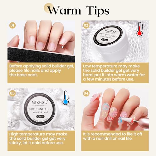 MIZHSE Builder Solid Gel, Clear Non-Stick UV Nail Extension Gel for Nail Art Decoration and Repair DIY Nail Art Manicure 15g