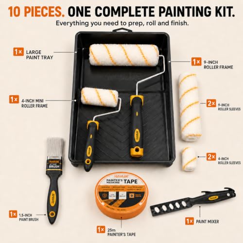 Raulde Paint Roller Set of 10 - Paint Rollers and Trays Set - Roller Sets for Painting - Paint Brush and Rollers for Painting - Wall Paint Roller - Home Painting Kit