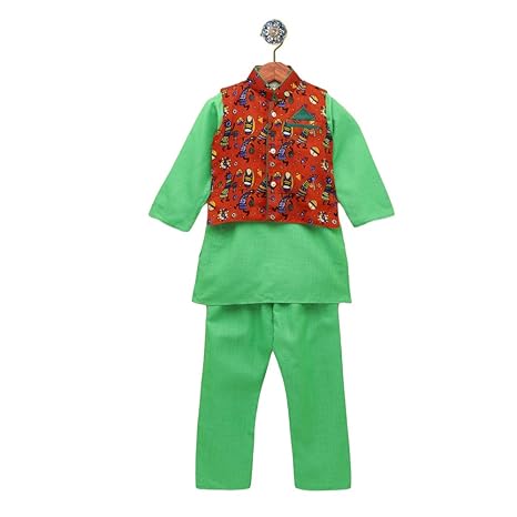 BownBee By Hopscotch Boys Cotton Blend Tribal Print Jacket With Stand Collar Kurta Pajama in Green Color