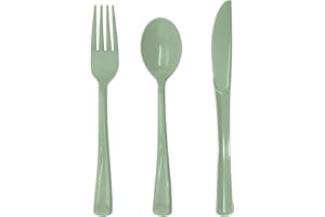 150 PCS Sage Green Plastic Silverware Heavy Duty Sage Green Utensil Sets Include 50 Disposable Plastic Forks, 50 Knives, 50 S