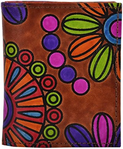 SAAGA Hand Painted Quirk Leather Wallet Card Case Organizer Coin Purse with Zipper in Multi-Color Floral Design / Handmade : 4.5x3.5 inches (LxB)