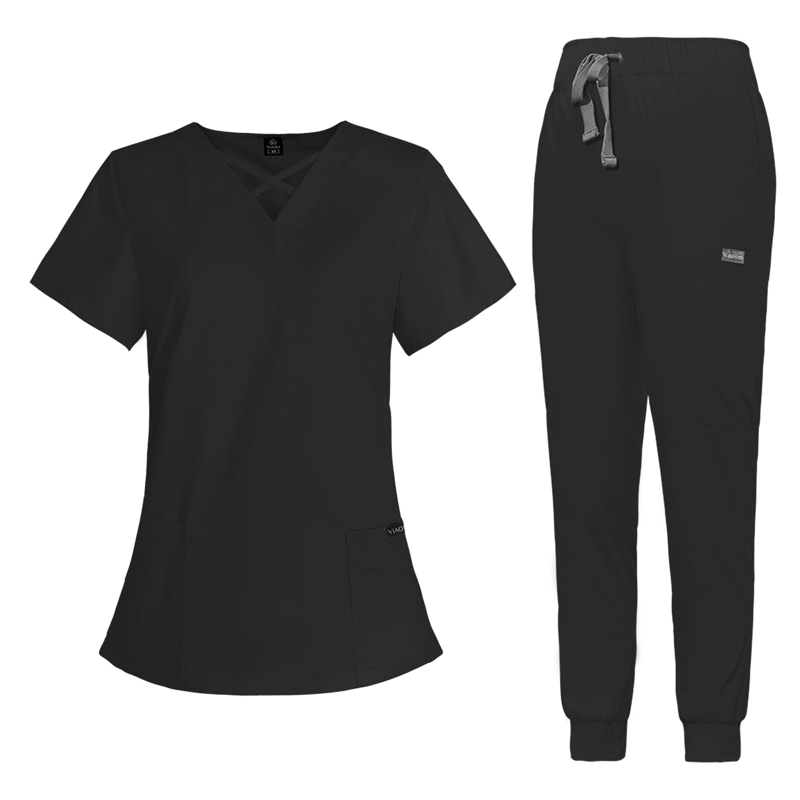 Photo 1 of VIAOLI Scrubs for Women Set Modern V-Neck Top & 8 Pocket Jogger Pants Nursing Uniform Solid Stretch Workwear