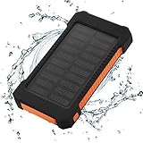 FLOUREON 10000mAh Solar Charger Power Bank Waterproof Portable External Battery Backup with Dual USB for Android iPad iPhone Cellphones, LED Flashlight with Compass for Emergency(Orange)