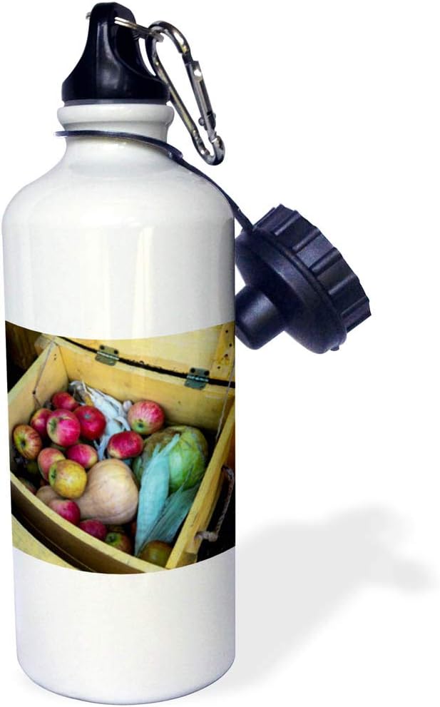 3dRose Alexis Photography - Food Fruits and Vegetables - Wooden Box Filled with red Apples, Corn, Pumpkin and Cabbage - 21 oz Sports Water Bottle (wb_304528_1)