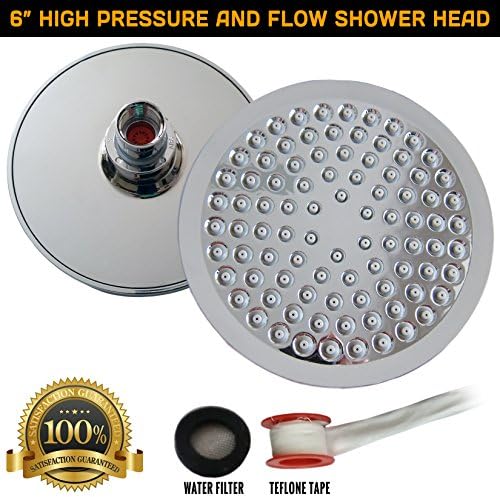 High Pressure and Flow Shower Head – 6” Round Powerful Chrome ShowerHead with Removable Water Restrictor and Free Teflon Tape