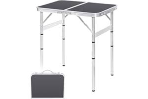Moosinily Small Folding Table 2FT 4 Height Adjustable Foldable Camping Table Portable Picnic Table Metal Outdoor for Beach BBQ RV Black 23.6×15.7 inch