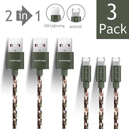 POFAN Nylon Braided Universal USB to Lightning + Micro USB Cable for both Apple and Android Phones (2-in-1 integrated interface) (Green Camouflage 3.9 Feet - 3P)