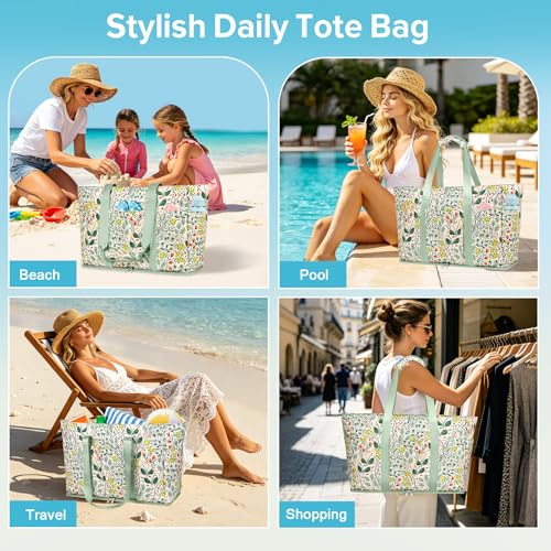 LUROON Large XXL Family Beach Bag with Zip, Waterproof, Women's Beach Bag, Foldable, Shopper, Beach Bag for Travel, Shopping, 50 x 35 x 20 cm, green