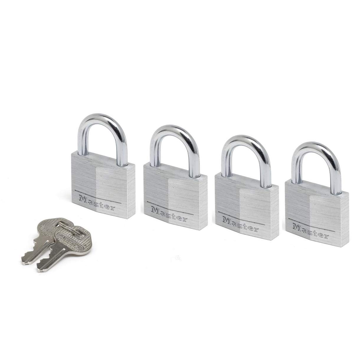 Master Lock 9140EURQNOP Pack of 4 Key Padlocks in Aluminium, Grey, 4 x 5.9 x 1.3 cm, Multi