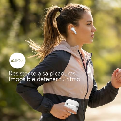 Aiwa Audífonos Inalámbricos Bluetooth 5.4 TWS Modelo AWTWSG31 - Audífonos de Chícharo con Resistencia al Agua IPX4, Control Táctil, Batería de Larga Duración y Estuche de Carga, Blanco