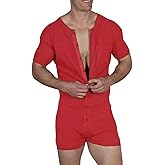 Mens Short Sleeve Onesie Henley Jumpsuit Pajamas Stretchy Cotton One Piece Garment
