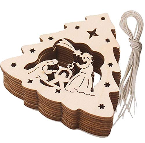 VOANZO 10 PCS Party Birthday Decoration Wooden Christmas Hanging Shaped Pendants for DIY Wood Crafts Christmas Decoration, Christmas Tree Ornaments with Strings (Tree)