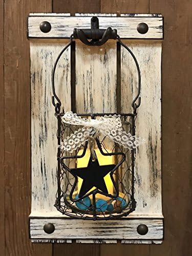 Jar Wall Decor CANDLE HOLDER Metal Chicken Wire Jar Shutter with Buttons Country Distressed Rustic White - LED Battery Operated 9X16