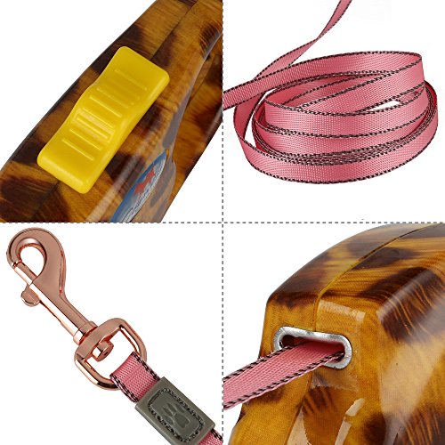 DOGNESS Retractable Dog Leash, the Modern Series, One Button Locking System, Suitable For Kids, No Tangle Waterproof Ribbon Tape, for Small Medium Large Dogs, Leopard Print 13 ft