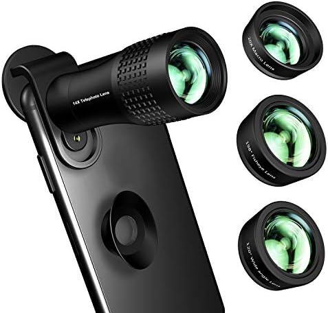 Phone Camera Lens,Kaiess 4 in 1 Cell Phone Lens Kit - 14X Zoom Telephoto Lens + 120° Super Wide Angle + Upgraded 20x Macro Lens + Fisheye Lens Compatible with iPhone X XS Max XR/8/7/6 Samsung Andriod