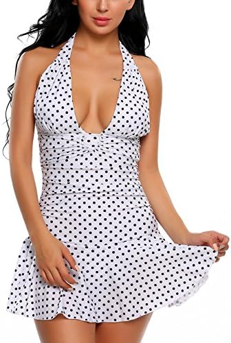 Esqlotre Women Swimdress 50s Retro One Piece Polka Dot Halter V Neck Swimsuit