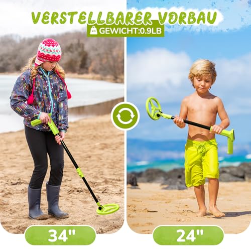 Metal Detector Children, Smofrees via USB Rechargeable Small Children's Metal Detector, Adjustable 60-86 cm Portable Metal Detector with Fun LCD Display for Outdoor Exploration, Light Green