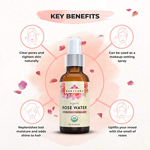 USDA Organic Rose Water Facial Toner Astringent - Anti Aging Hydrating Primer & Makeup Face Setting Spray Mist From Fresh Moroccan Rose Petal Water - 100% Natural Cleanser For Glowing Skin